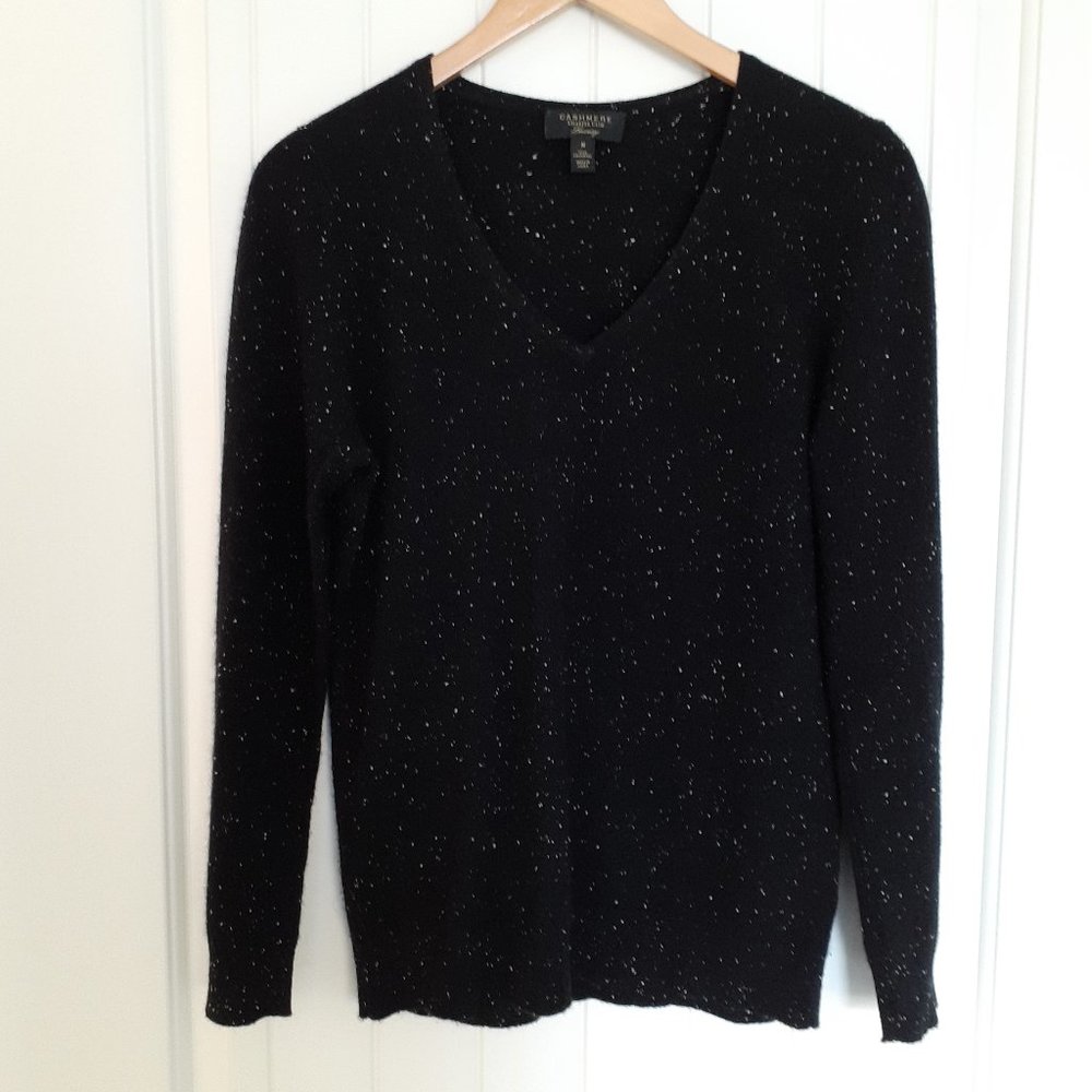 Charter Club Cashmere V-Neck Sweater Black White Speck Size M